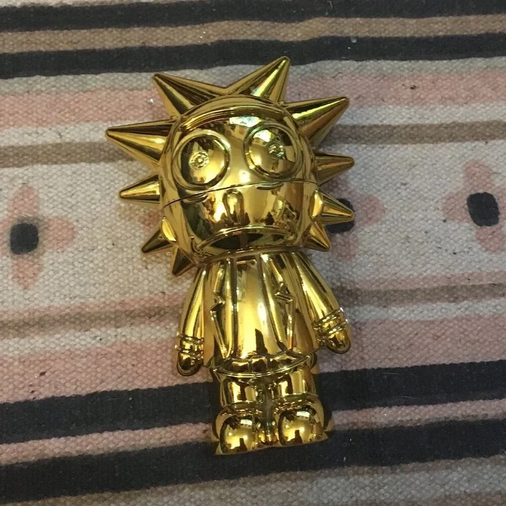 Rick & Morty Gold shiny metallic grinder multiple compartments & mini brush NEW